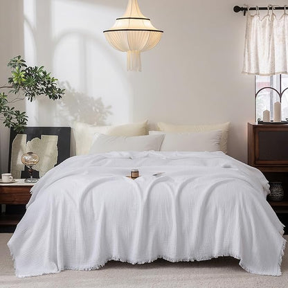 FOSSA Muslin Blanket with Fringe - 4-Layer 100% Cotton Gauze Super Soft & Breathable Throw -Lightweight Decorative Cooling Blanket for Bed, Sofa, Office (Bright White, Queen (90" × 90"))