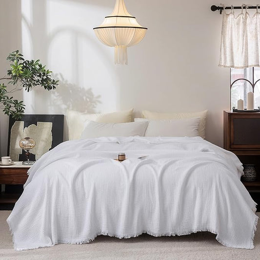 FOSSA Muslin Blanket with Fringe - 4-Layer 100% Cotton Gauze Super Soft & Breathable Throw -Lightweight Decorative Cooling Blanket for Bed, Sofa, Office (Bright White, King (104" × 90"))