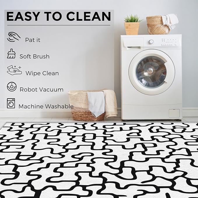 Abstract Geometric Rugs for Home Decor, 8x10 ft, Black and White Labyrinth Area Rugs for Living Room, Soft Non Slip Washable Modern Abstract Line Carpet Bedroom Decorations Dt-Ghf-31