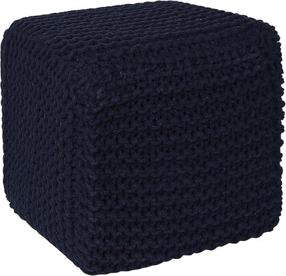 REDEARTH · Square Hand Knitted Pouf - Foot Stool Ottoman Coffee Table - Cotton Cord Boho Pouffe - Poof Accent Footrest for Living Room - Bedroom - Library (16" x 16" x 16") - Navy Blue, Set of 2
