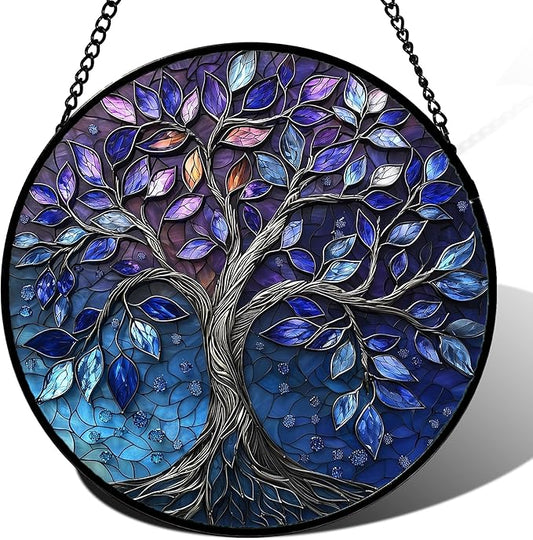 DASTOLL Stained Glass Window Hanging, Blue Purple Tree of Life Sun Catchers Colorful Glass Panel Plants Suncatcher Decor for Birthday for Women,Men,Wife, Lovers, and Mom 14.9x14.9 in