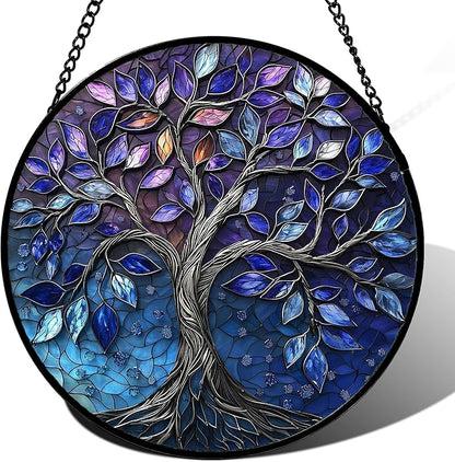 DASTOLL Stained Glass Window Hanging, Blue Purple Tree of Life Sun Catchers Colorful Glass Panel Plants Suncatcher Decor for Birthday for Women,Men,Wife, Lovers, and Mom 11.8x11.8 in