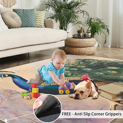 Peacock 4x5 Area Rugs for Living Room, Classic Animal Washable Non Slip Rugs, Gorgeous Feathers Low Pile Print Rug for Bedroom, Dining Room, Home Office