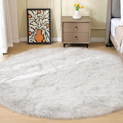White Round Rugs 6.6ft Large Faux Sheepskin Washable Fur Area Rugs for Living Room Circle Shag Rugs for Bedroom Boho Nursery Rug
