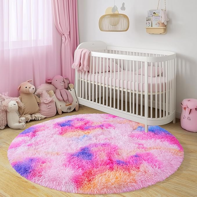 Round Fluffy Rugs 4Ft for Girls Bedroom, Dark Rainbow Shag Circle Kids Rug Non-Slip for Bedside Dorm Nursery Playroom, Soft Cute Area Rugs for Living Room Decor