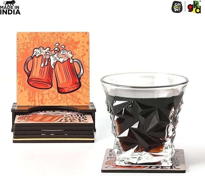 GKD Wooden Coasters for Drinks, Motivational MDF Wooden Coasters Set of 6 with Holder, 3.8 inches Eco-Friendly Absorbent Coaster for Coffee Table, Office, Bar, Drinking Glasses, Tabletop Protection