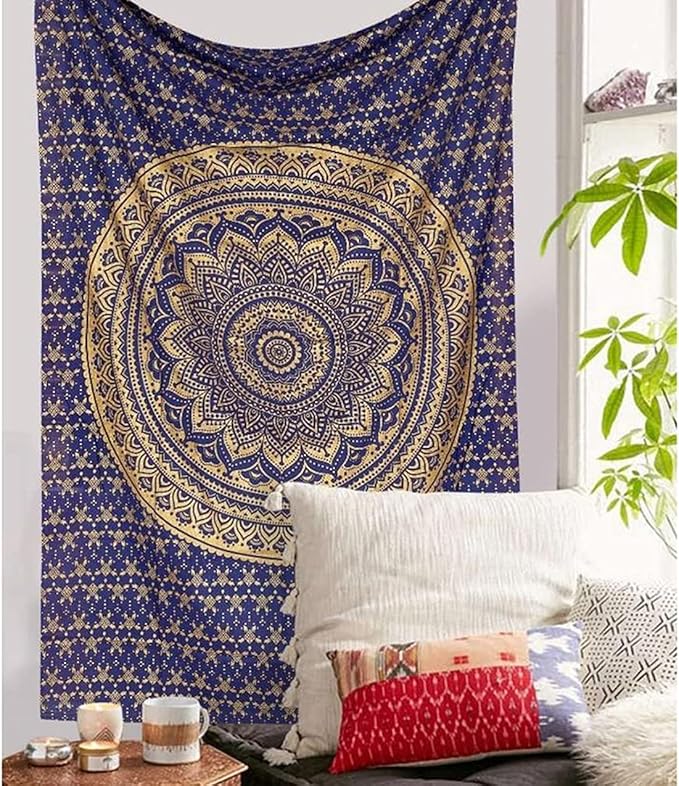 Raajsee Blue Gold Mandala Tapestry for Bedroom - Aesthetic Indie Boho Trippy Large Wall Hanging 82x92 Inches