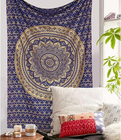Raajsee Blue Gold Mandala Tapestry for Bedroom - Aesthetic Indie Boho Trippy Large Wall Hanging 82x92 Inches