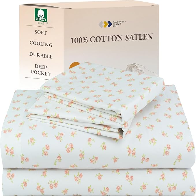 California Design Den Full Sheet Set Floral Pattern, 100% Cotton, Deep Pocket Full Sheets & Pillowcase Set, Soft Sateen Weave - Chic Floral