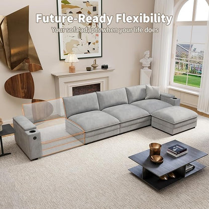 81.5" Loveseat Cloud Sofa Couch with Storage Armrest, Cup Holders, USB & Type-C Ports, Spring Cushions, Solid Wood Frame, Chenille Modular Sectional for Living Room