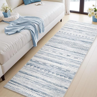 2x8 Runner Rug Machine Washable Non Slip Area Rug Distressed Neutral Moroccan Boho Rug Ultra Soft Floor Runners for Hallways for Entryway Laundry Room Kitchen, Blue