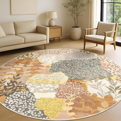 DEXDE Large Round Rug 9ft Washable Circle Area Rugs Non Slip Low Pile Boho Floral Circular Carpet for Bedroom Bathroom Entryway Kids Room Office Dining Room,Camel
