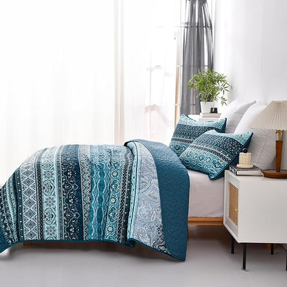WONGS BEDDING Boho Quilt Set Twin Size, Blue Bohemian Twin Quilt Bedding Set, Lightweight Microfiber Bed Decor Bedspread with Pillow Sham for All Season 68"x86"(2 Pieces)