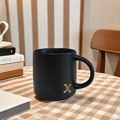 COLLECTIVE HOME - Black Monogram Ceramic Mugs, 15 oz Golden Initial Coffee Cups, Elegant Alphabet Tea Mugs, Personalized Halloween Mug with Gift Box, Perfect for Office and Home Décor (x)