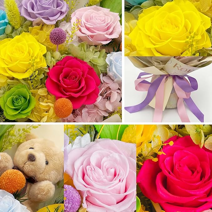 HUACHIPLUS Preserved Bouquet with Bear: Big Flowers Big Love-Romantic Gifts for Her Wife Girlfriend Mom-Flowers for Delivery Prime on Christmas Valentines Day Anniversary Mothers Day (dopamine1)