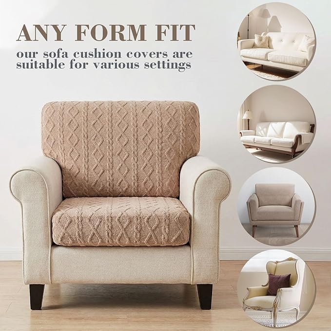 3 Pcs Jacquard Couch Cushion Covers for Sofa Stretch Plush Soft Seat Cover Washable Sofa Slip Covers with Elastic Bottom Modern Boho Furniture Protector for Sectional Slipcovers(Tan)