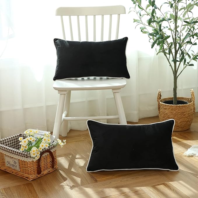 LIGICKY Set of 2 Black Velvet Lumbar Pillow Covers Modern Minimalist Style Solid Decorative White Rope Edging Soft Rectangle Cushion Cases for Sofa Bedroom Party Décor, 12 x 20 inch