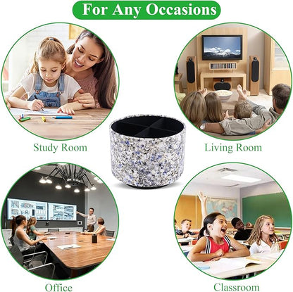 Round Leather Art Supply Organizer,Remote Control Holder,360-degree Rotating Pen Organizer with 4 Compartments(1-Marble Flower)
