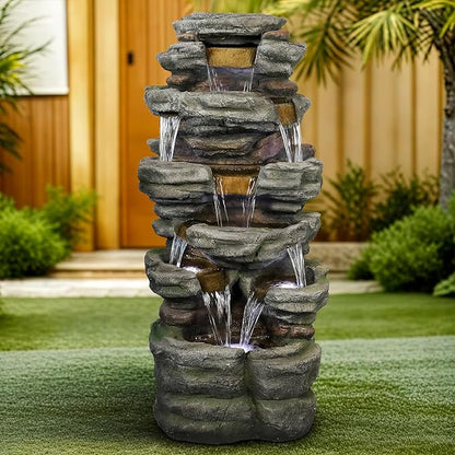 SunJet 47.2" High Cascading Rock Outdoor Water Fountain with LED Lights - Large Outdoor Resin Fountains and Waterfalls for Garden or Patio, Yard, and Deck Decor, Featuring Natural Stone Look