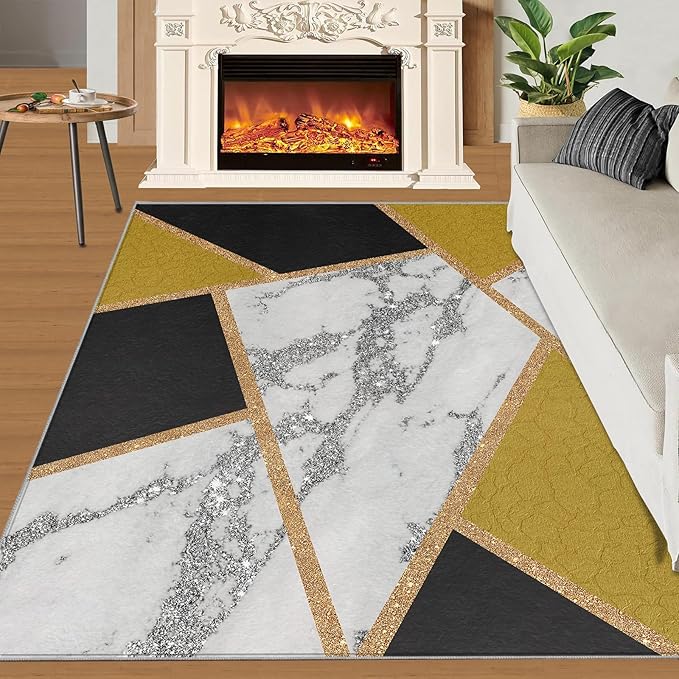 Geometric Area Rug Abstract Marble Texture Rugs Geometric Marble Area Carpet Simple Light Luxury Line Rug Machine Washable Rugs with Backing for Bedroom 3x5ft