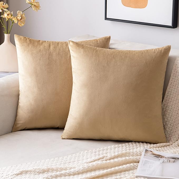 EMEMA Pack of 2 Velvet Throw Pillow Covers Decorative Square Pillowcase Soft Solid Cushion Case for Sofa Bedroom Chair Car 20x20 Inch Khaki