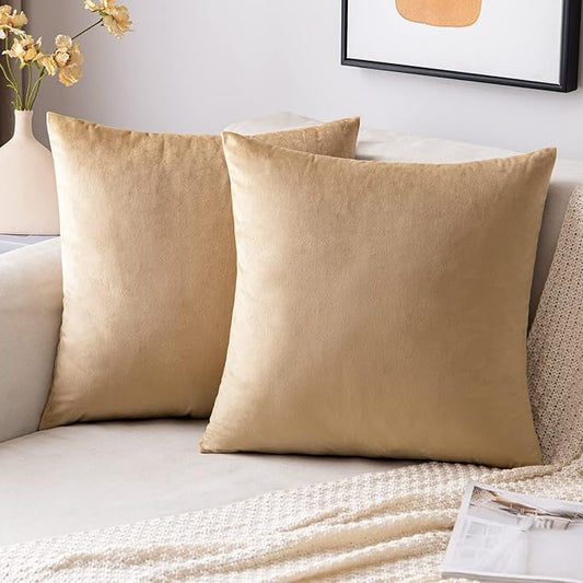 EMEMA Pack of 2 Velvet Throw Pillow Covers Decorative Square Pillowcase Soft Solid Cushion Case for Sofa Bedroom Chair Car 20x20 Inch Khaki