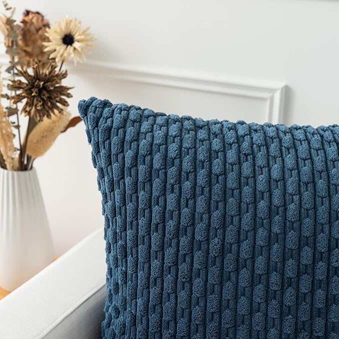 Kevin Textile Euro Sham Pillow Covers 28x28 Inch 2 Packs Soft Boho Striped Corduroy Decorative Throw Pillows for Living Room Couch Bed Sofa Rustic Farmhouse Home Decor 71x71cm Blue