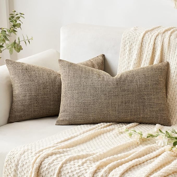 MIULEE Pack of 2 Decorative Linen Burlap Pillow Covers Farmhouse Boho Accent Pillowcases for Sofa Car Couch Bedroom Living Room Decor 12x20 Inch Brown
