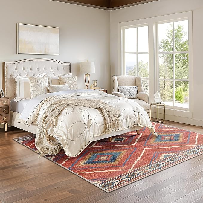 Area Rug 4x4 Rug Machine Washable Non-Slip Low Pile Print Pattern Western Rug for Living Room Bedroom Entryway Tribal Series -Red/Orange