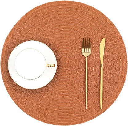 SHACOS Round Placemats Set of 6 Washable 15 inch Round Placemat Cotton Polyester Woven Braided Table Place Mats for Dining Table Decor, Dark Orange