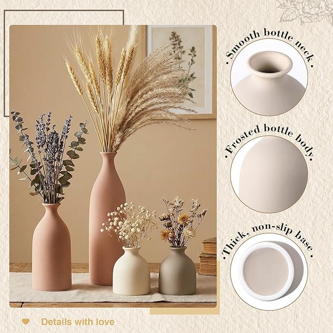 Dandat Ceramic Vase Set of 4, Modern Decorative Ceramic Vases Rustic Pottery Centerpiece Table Decor for Farmhouse Bouquet Pampas Grass Dried Fresh Flowers, Living Room, Kitchen, Bedroom (Beige)