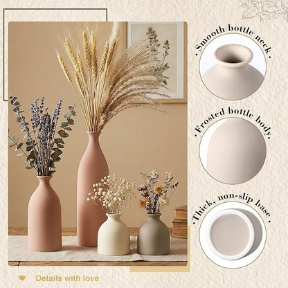 Dandat Ceramic Vase Set of 4, Modern Decorative Ceramic Vases Rustic Pottery Centerpiece Table Decor for Farmhouse Bouquet Pampas Grass Dried Fresh Flowers, Living Room, Kitchen, Bedroom (Beige)