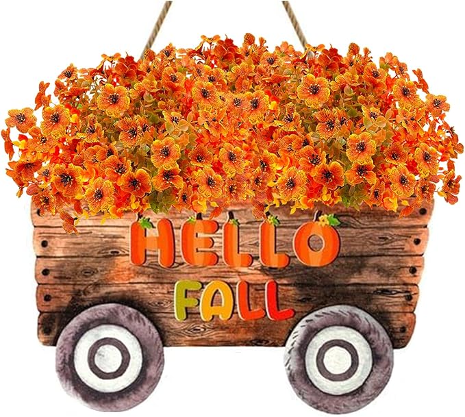 Artificial Fall Flowers for Outdoors,Faux Silk Flowers Fall Decorations,Fake Mums Eucalyptus Plants Christmas Halloween Decor for Outdoor Patio,Window Planter Autumn Fall Decor(10PCS,Orange)