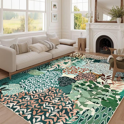 DEXDE 5x7 Area Rugs, Washable Non-Slip Abstract Boho Soft Rug for Living Room Bedroom,Leaves Floral Print Large Carpet for Entryway Playroom Office, Dark Green
