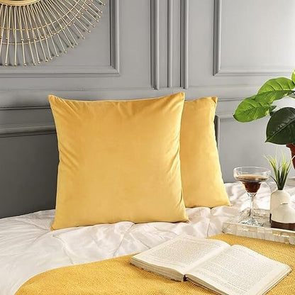RELY+ Pack of 2 Throw Pillow Covers 16x16 Inch Velvet Soft Cozy Solid Decoration Gifts Pillow Covers Luxury Cushion Case for Sofa Couch Bedroom Living Room (Yellow, 16 x 16)