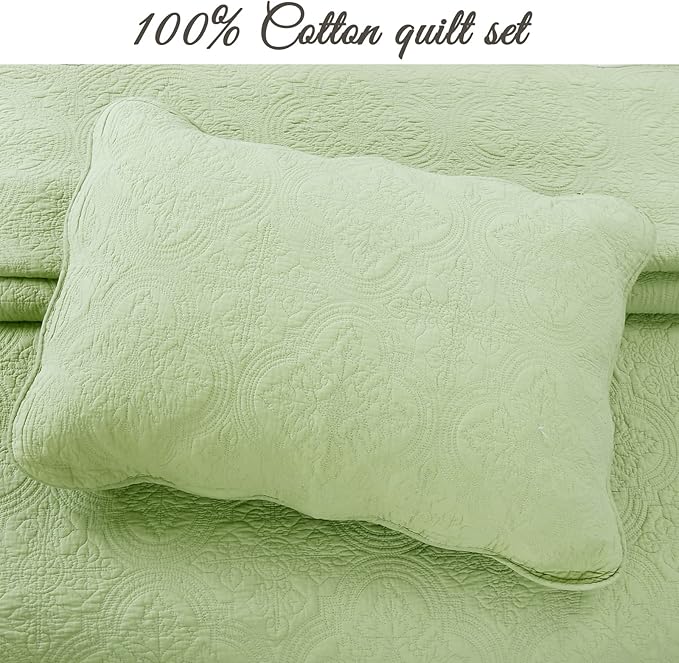 Cozy Line Home Fashions 100% Cotton Medallion Matelasse Embossed Bedding Quilt Set, Reversible Lightweight Bedspread, Coverlet for All Season (Blantyre - Green, Queen - 3 Piece)