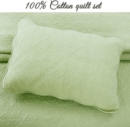 Cozy Line Home Fashions 100% Cotton Medallion Matelasse Embossed Bedding Quilt Set, Reversible Lightweight Bedspread, Coverlet for All Season (Blantyre - Green, Queen - 3 Piece)