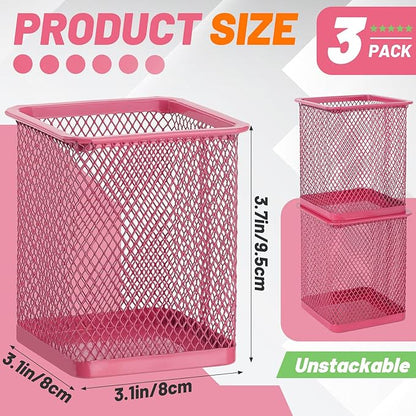 Segarty Pen Cup Holder, 3 Pack Square Dark Pink Pen Holder for Desk, Cute Mesh Pencil Cups Container Set for Office Supply, School Classroom, Home Desktop Storgae and Organization, Brushes Organizer