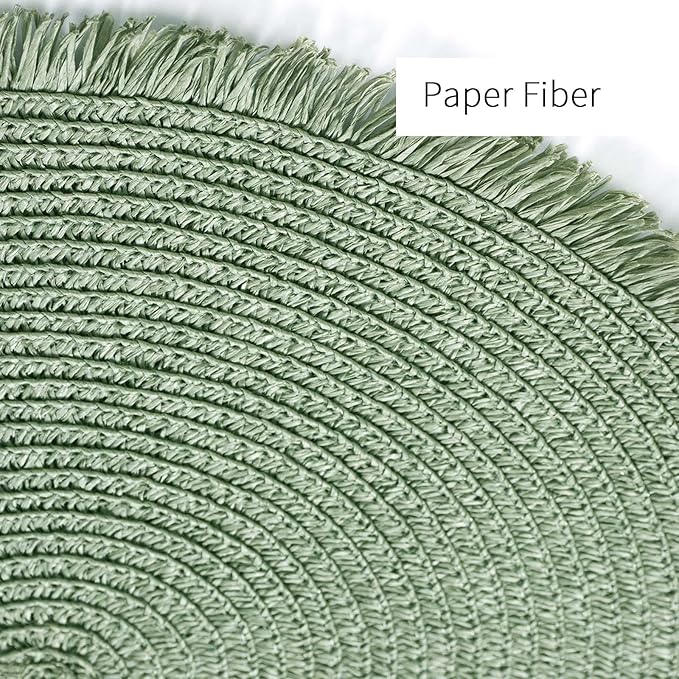 FunWheat Paper Round Braided Placemats Set of 8 for Dining Tables 15 Inch Heat Resistant Table Mats Farmhouse Woven Fabric Natural Place mats for Decoration with Tassel(Fog Green,8pcs)