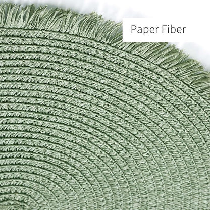 FunWheat Paper Round Braided Placemats Set of 8 for Dining Tables 15 Inch Heat Resistant Table Mats Farmhouse Woven Fabric Natural Place mats for Decoration with Tassel(Fog Green,8pcs)