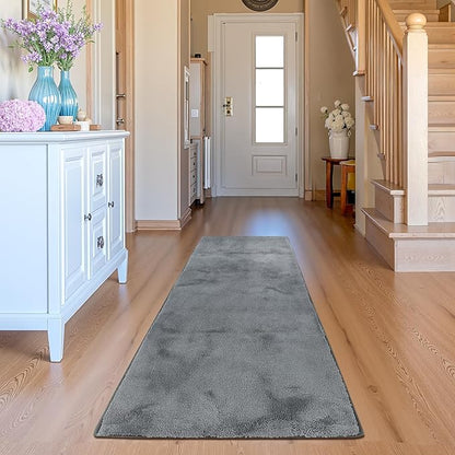 jinchan Solid Plush Runner Rug 2x6 Performance Shaggy Washable Hallway Rug Soft Modern Faux Wool Cozy Non Slip Carpet for Bedroom Laundry Room Living Room Kids Nursery Grey