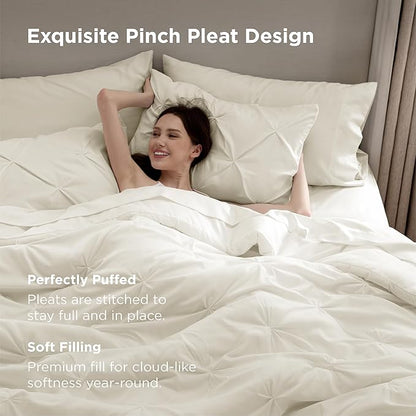 Bedsure Full Comforter Set Ivory - Bed in a Bag Full Size Bedding Set 7 Pieces, GentleSoft™ Pintuck Bed Set Gift for Family, Pinch Pleat All Season Comforter with Sheets, Pillowcases & Shams