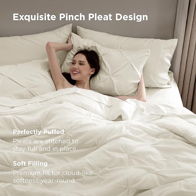 Bedsure California King Comforter Set - Cal King Bed Set 7 Pieces, Pinch Pleat Ivory Cali King Bedding Set with Pintuck Comforter, Sheets, Pillowcases & Shams
