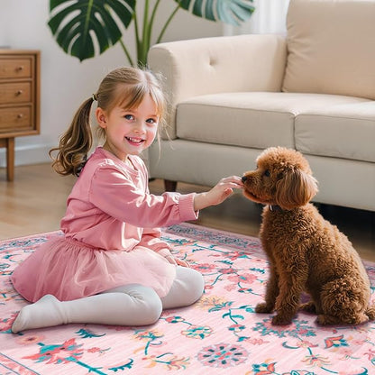 Tangsoo 3x5 Pink Small Area Rug for Bedroom Girls, Non Slip Washable Cute Floral Rug for Nursery Bedside, Soft Low Pile Front Door Carpet Indoor Entrance Inside House Bathroom Classroom Teen Room