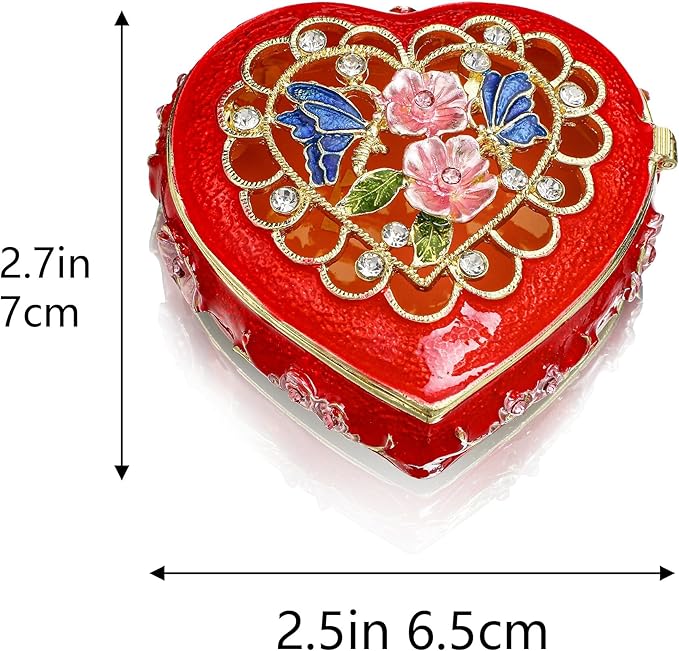 YU FENG 2.5inch Vintage Heart Trinket Box Small Hinged Trinket Boxes Red Jewelry Trinket Box Jeweled Ring Box Gift for Girl Women Christmas Gift