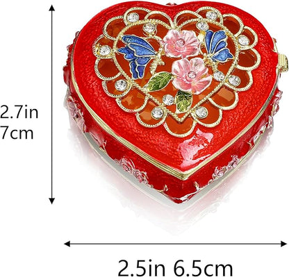 YU FENG 2.5inch Vintage Heart Trinket Box Small Hinged Trinket Boxes Red Jewelry Trinket Box Jeweled Ring Box Gift for Girl Women Christmas Gift
