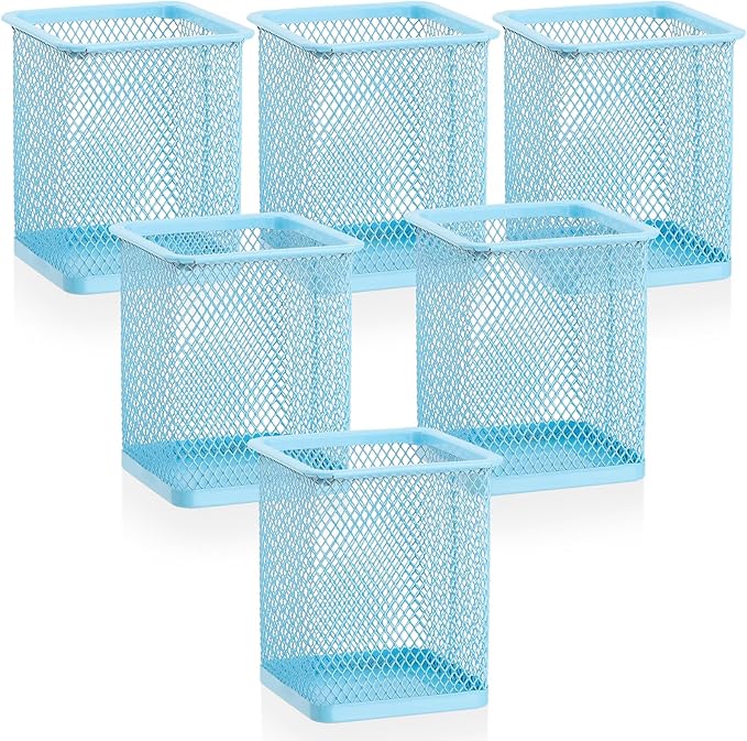 Segarty Pencil Holder, 6 Pack Square Light Blue Pen Holder for Desk, Mesh Pencils Cup Container Marker Organizer Set for Office Supply, School Classroom, Home Desktop Storage and Organization