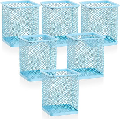 Segarty Pencil Holder, 6 Pack Square Light Blue Pen Holder for Desk, Mesh Pencils Cup Container Marker Organizer Set for Office Supply, School Classroom, Home Desktop Storage and Organization