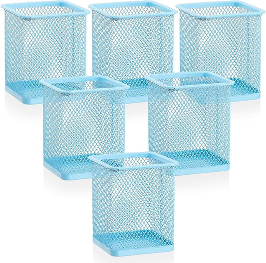 Segarty Pencil Holder, 6 Pack Square Light Blue Pen Holder for Desk, Mesh Pencils Cup Container Marker Organizer Set for Office Supply, School Classroom, Home Desktop Storage and Organization