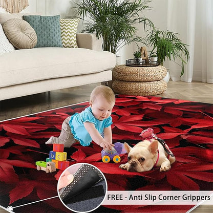 Maple Leaves Living Room Rugs, Red Leaves Area Rugs 4x6 Rug Canada Maple Leaf Non-Slip Washable Rugs Stain Resistant Rug Low-Pile Throw Rug for Bedroom Dining Room Office